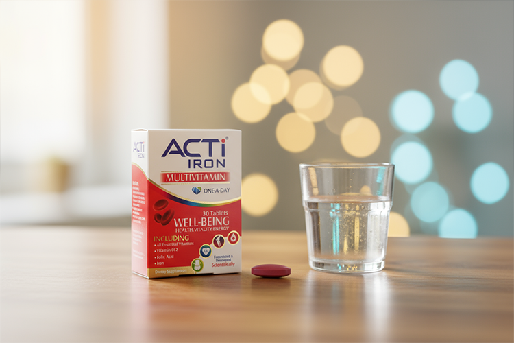 تصویر قرص مکمل اکتی آیرون برای کاهش وزن کنار لیوان آب